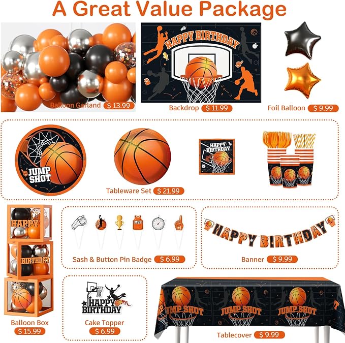 241pcs Basketball Party Decorations, All-in-one Party Set with 20 Serves Disposable Plates, Banner, 2 Tablecloths, Backdrop for Basketball Birthday Party Decorations