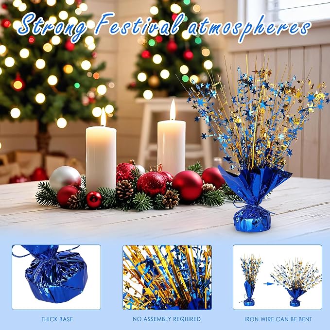 Metallic Star Spray Centerpieces 8 pack for Tables - Bulk 12.4" Foil Fountain Table Decorations for Large Events, Graduation 2026, Wedding Reception (Golden Blue Blend)