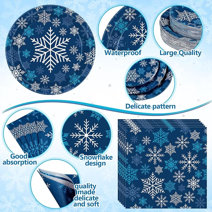 Funnymoom 452 Pcs Winter Dark Blue Snowflake Party Supplies for 50, Blue Silver White Snowflake Paper Plates Napkins Cups Tablecloth Cutlery Straws for Winter Birthday Wonderland Party Decoration
