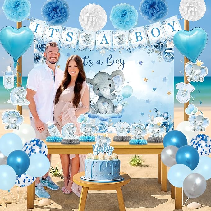 Elephant Baby Shower Decorations for Boy, Blue Baby boy Shower Decorations Kit with It's a Boy Backdrop Banner, Cake Toppers, Hanging Swirls, Centerpieces, Balloons and Pompoms Birthday Elephant Decor