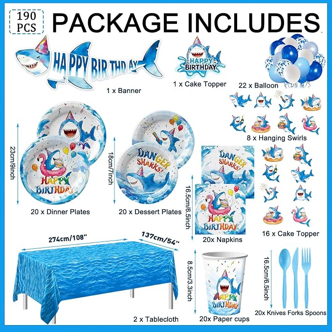 190pcs Shark Plates Napkins Party Supplies Decorations Disposable Tableware Set Include Cups Cutlery Cake Cupcake Topper Banner Hanging Swirl Balloon Tablecloth for Shark Birthday Decorations Serve 20