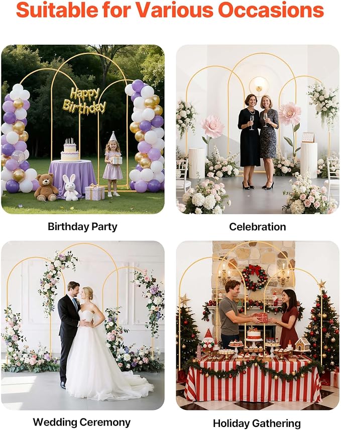 VEVOR Arch Backdrop Stand, Set of 3, 8/7.2/6.6 ft, Stable Structure, Easy Assembly, Gold Metal Arch Backdrop Stand for Wedding, Birthday Party, Graduation, Holiday Celebration, and Ceremony Decoration