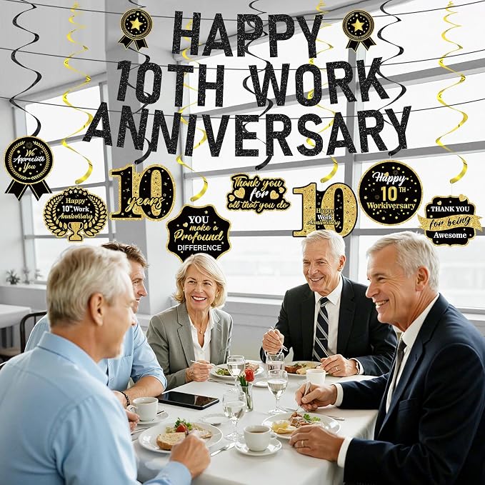 11pcs 10 Year Work Anniversary Decorations Black Gold Happy 10th Work Anniversary Banner Hanging Swirls Employee Appreciation Decorations Supplies 10 Year Workiversary Gifts for Employee Worker