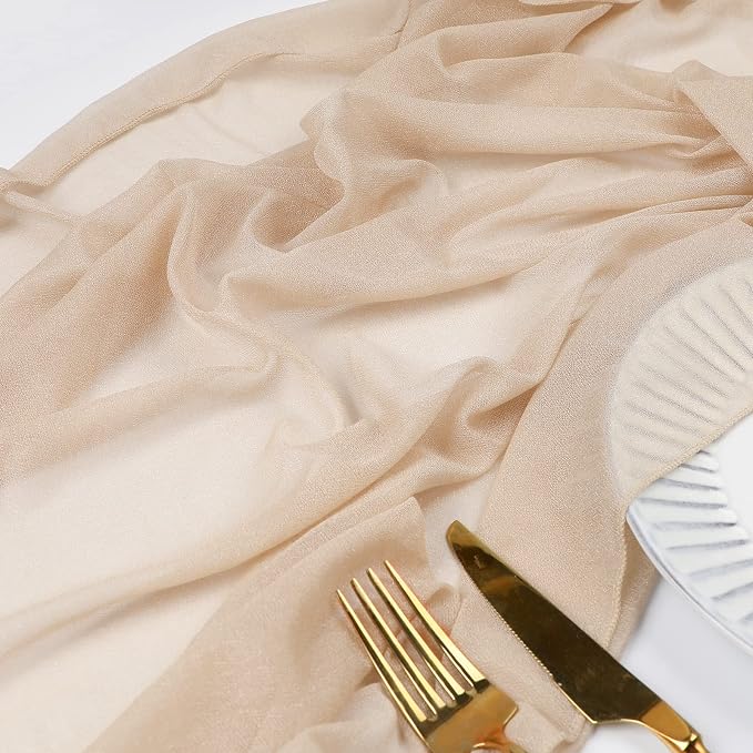 WELTRXE 4 Pack Champagne Chiffon Table Runner 30x120 Inches Romantic Sheer Wedding Table Runner Glitter Brown Tulle Fabric Party Table Decorations for Wedding, Birthday Party, Bridal & Baby Shower