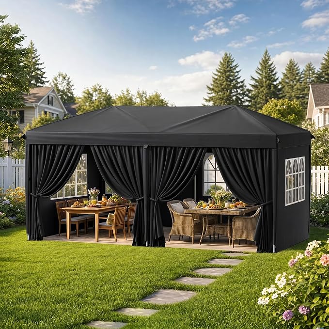 10x20 Pop Up Canopy with Sidewalls, Instant Tent with Carry Bag, Sandbags, Height Adjustable Waterproof Outdoor Canopy, Outdoor Canopy for Events, Camping, Parties (Black)