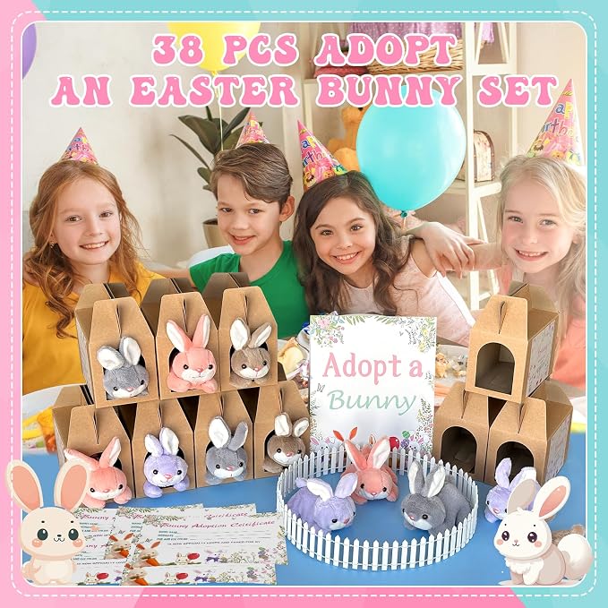 38 Pcs Adopt a Pet Bunny Party Favors Include 12 Mini Plush Easter Bunny 12 Foldable Boxes 12 Adopt Bunny Cards 1 Adopt Sign 1 Adopt Fence for Adopt a Pet Party (Bunny, 12 Set)