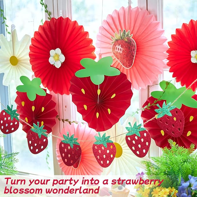 OBBOLO Strawberry Party Decorations, Strawberry and White Flower Paper Fans, with Strawberry Banner, for Berry First Birthday, Sweet 1st Birthday, Baby Shower, Strawberry Themed Birthday Hanging Decor