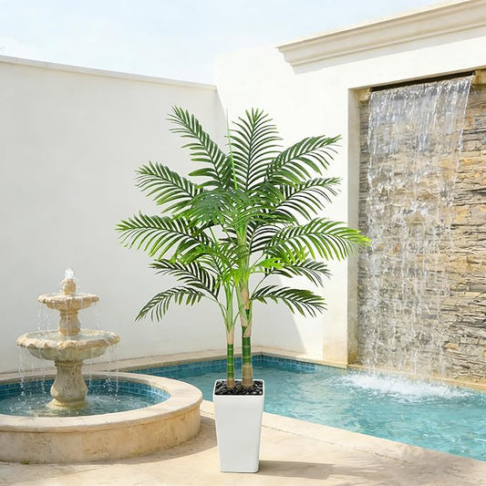 Artificial Palm Tree Indoor Plant Tall Fake Tropical Palm Tree in Pot with Real Bark Design Faux Areca Palm Tree for Home Office Living Room Bedroom Farmhouse Modern Outdoor Decor (13 Leaves 5 FT)