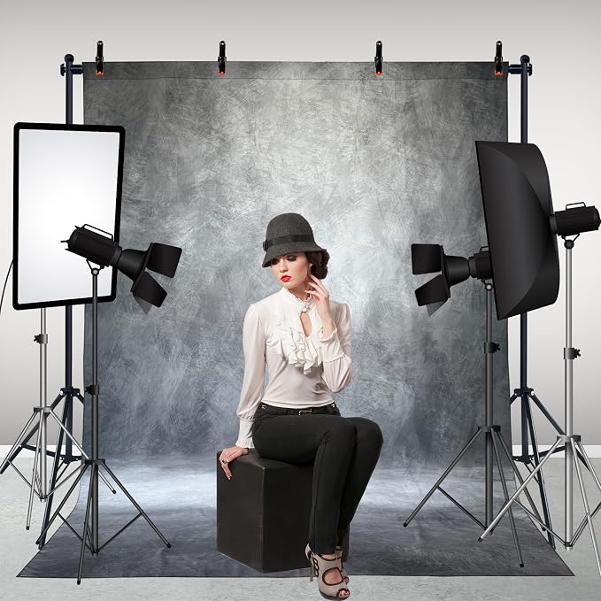 6.5x6.5 ft Photo Backdrop Stand with 6Wx8H ft Abstract Backdrop,Grey | 2-in-1 Portable, 6.5Wx6.5H ft Adjustable Stand, 6Wx8H ft Abstract photography background, 8 Clamps, Storage Bag Included