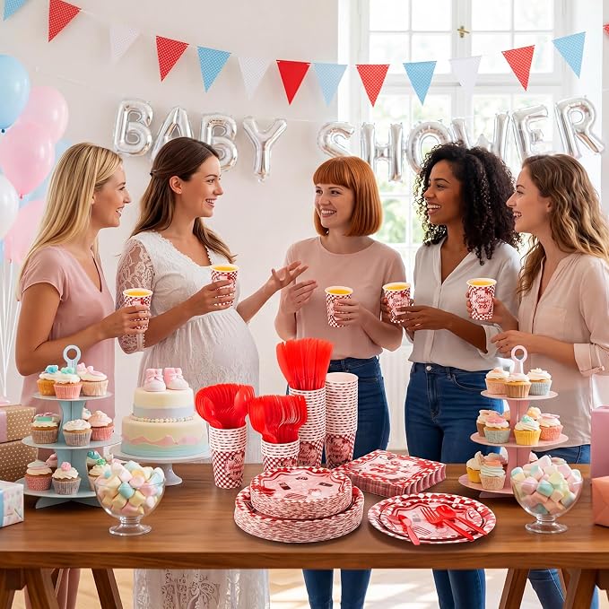 Ziliny 350 Pcs Pop Baby Shower Party Supplies Rainbow Paper Plates Napkins Cups and Plastic Cutlery Party Tableware Set for Baby Shower Birthday Decorations, Serves 50