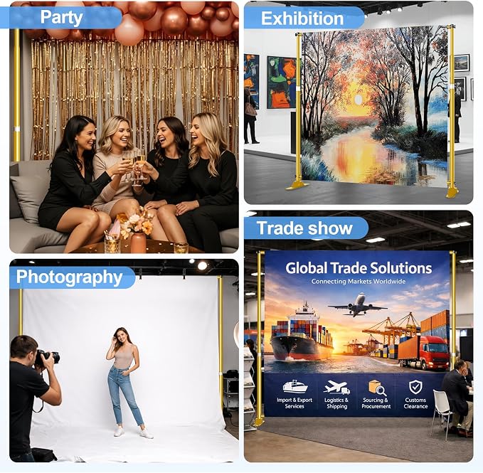 10 x 10FT Backdrop Banner Stand, Heavy Duty Adjustable Photo Background Support Frame Kit, Step and Repeat Stand for Photo Booth, Parties, Exhibition, Trade Show, Wedding - Gold