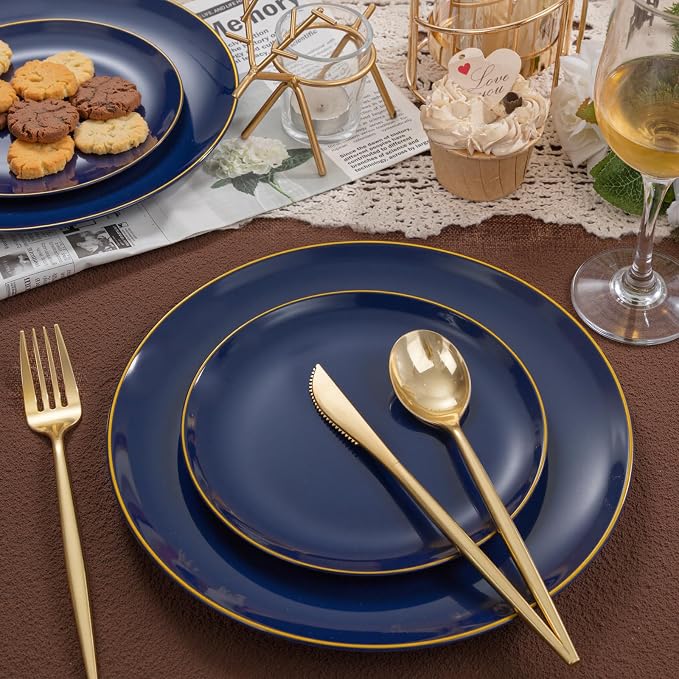 bUCLA 200PCS Blue Plastic Plates - Navy Blue Disposable with Gold Rim Include 100 Each (10 inch Dinner & 7 inch Dessert) Plates, Ideal for Party & 4th of July