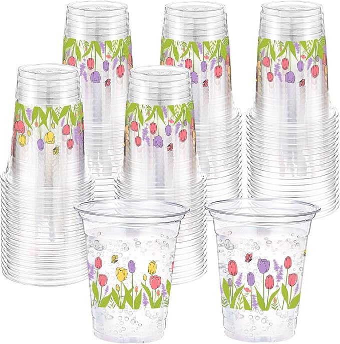 Hushee Tulips 60 Pcs Party Cups 16 oz Plastic Disposable Drinking Cups for Birthday Love Baby in Bloom Baby Shower Summer Fresh off The Market Bridal Shower Decorations Supplies