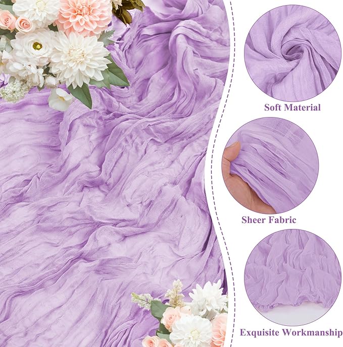 20 Pack Lilac Cheesecloth Table Runner 10FT Long Boho Gauze Fabric Table Runner Vintage Rustic Sheer Runners for Wedding Party Bridal Baby Shower Table Decorations