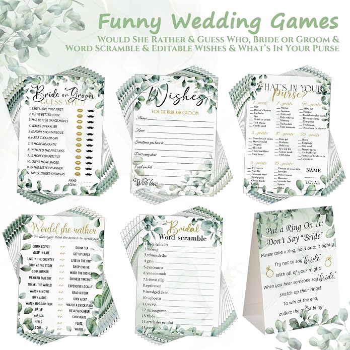Sosation 331 Pcs Bridal Shower Games Supplies, 5 Sets (50 Cards Each) Wedding Games Cards, 1 Put a Ring on It Bridal Shower Game with 60 Rings and 20 Team Pencils for Wedding Engagement