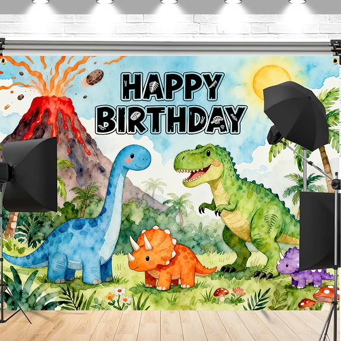 Dinosaur Birthday Backdrop 8x6FT – Large Happy Birthday Dinosaur Banner with Ribbon, Double-Stitched, Clear & Bright Dino Jungle Background for Boys Girls Birthday Party Decorations & Photoshoot Props