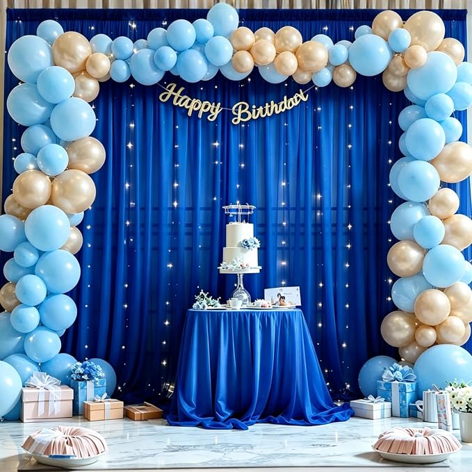 20 x 10ft Royal Blue Chiffon Backdrop Curtain with Lights String for Parties,4 Panels Sheer Tulle Curtain Wedding Backdrop for Baby Shower Birthday Party Ceremony Reception Home Decorations