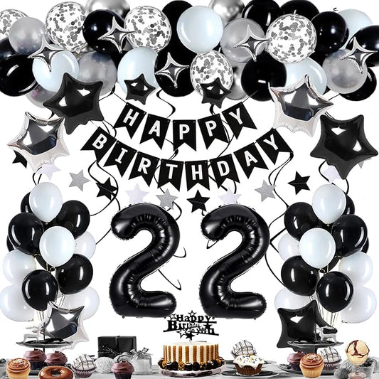 22nd Birthday Decorations for Men Women, Black White and Silver Happy 22 Party Decor Set with 22 Number Foil Balloons, Banner, Cake Topper for Him Her