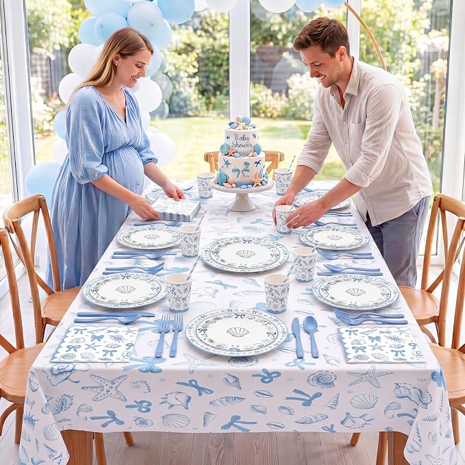 Vesici 452 Pcs Coastal Beach Party Supplies for 50 Guests Blue Bow Seashell 9” 7” Plates Napkins Tablecloth 9oz Cups Disposable Tableware Set for Summer Ocean Theme Birthday Baby Shower Decorations