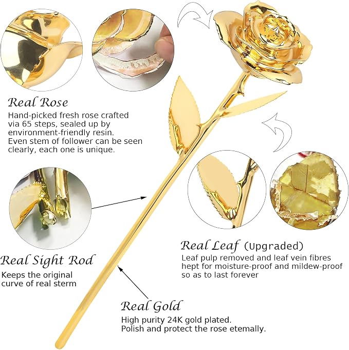 Sinvitron Gold Dipped Rose Real 24K Gold Rose, Hand Dipped One of a Kind Golden Roses, Romantic Gifts for Women on Valentines Day, Anniversary Mother’s Day (Gold)