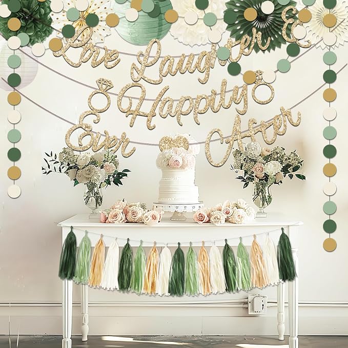 Bridal Shower Decorations,Sage Green Bridal Shower Decorations Includes Love Laughter Happily Ever After Decorations Paper Flower Ball Wedding Decorations for Home Party Bachelorette Party Decorations