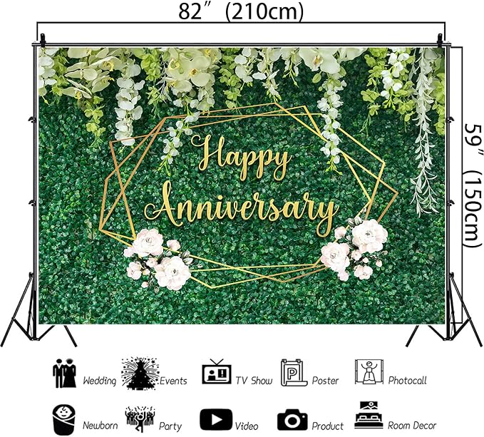 Happy Anniversary Banner Decorations 7x5Ft Green Leaves Wall Happy Anniversary Backdrop Floral Couple Wedding Photography Background Party Decoration Banner