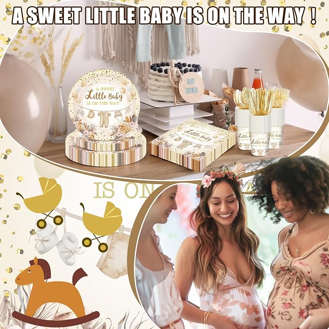 168 Pcs Neutral Gold Baby Shower Decorations Boho Gender Reveal Party Favors a Sweet Little Is on The Way Plates and Napkins Disposable Tableware Set Serve 24