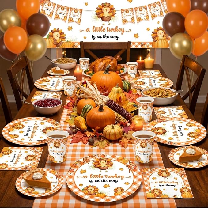 168 Pcs a Little Turkey Is on the Way Baby Shower Decorations Thanksgiving Baby Shower Decorations Fall Pumpkin Turkey Tableware Set Disposable Paper Plates Cups Utensils Serve 24