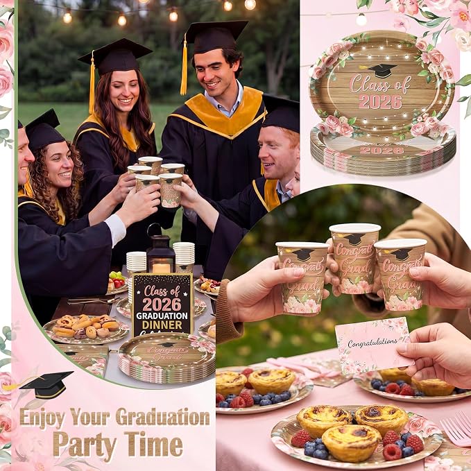 Vesici 150 Pcs Class of 2026 Graduation Party Supplies Floral Graduation Oval Paper Plate Napkin Cup 10'' x 12'' Rustic Heavy Duty Disposable Tableware Set for 2026 Congrats Grad Party Decorations