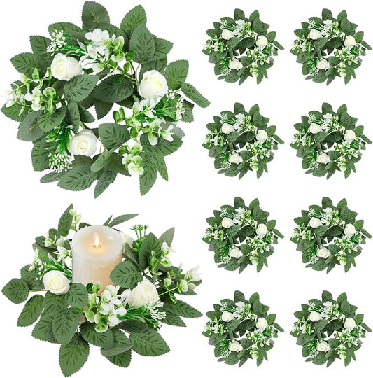 10PCS Wedding Rose Candle Rings Artificial Floral Eucalyptus Leaves Wreaths Faux Candle Rings Summer Greenery Candleholders Garland Pillar Holder for Bridal Shower Bachelorette Party Table Decor