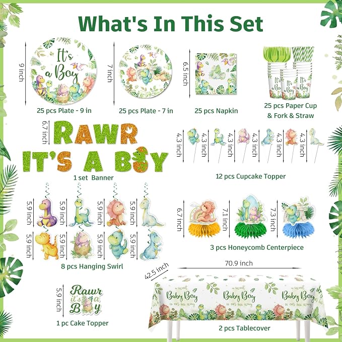 Dinosaur Baby Shower Decorations with Cake Topper, Honeycomb Centerpieces, 25 Serves Disposable Tableware Set, Banner Plates, Napkins, Cup Table Cloth, for Baby Shower Decorations Boy