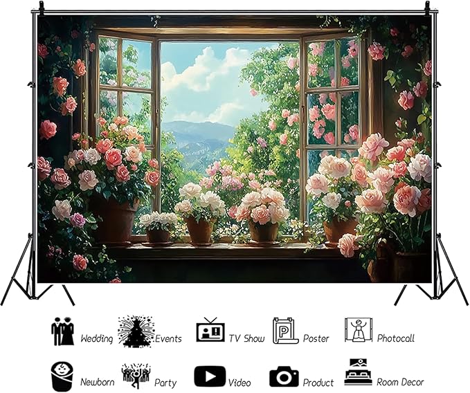 Baocicco 10x7ft Flowers Windowsill Photography Background Spring Floral Retro Oil Painting Photo Backdrop for Valentines Mothers Day Birthday Wedding Party Decorations Girls Women Portraits
