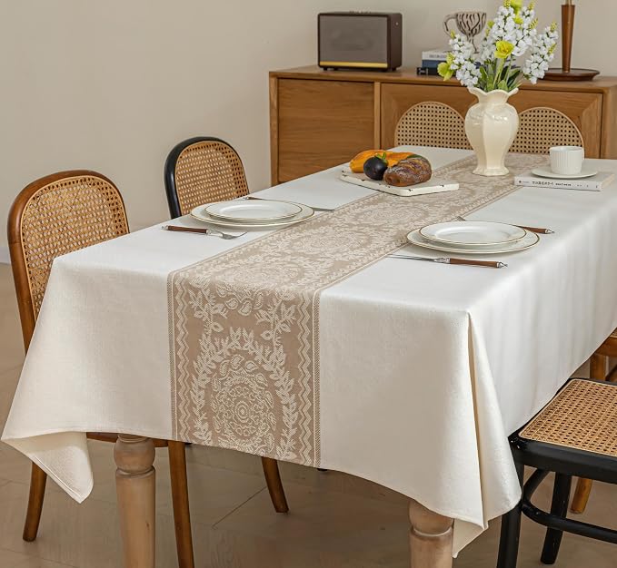 Nordic Beige Linen Tablecloth, Heavy-Duty Rectangle Cover | Spill-Resistant & Wrinkle Free Elegant Drape Table Protector for Kitchen Dining Room Party Decor