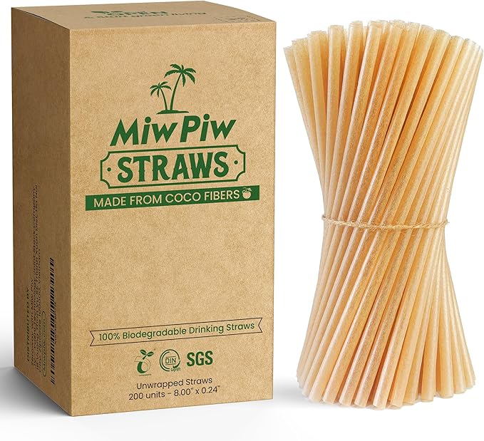Biodegradable Coconut Straws Set 200 - Disposable, Plastic Free, Ecofriendly Coco Fiber Drinking Straws Bulk for Cold and Hot Beverages, Cocktail and Restaurant