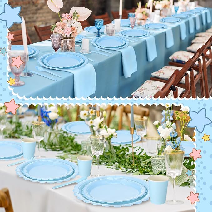 Tegeme 256 Pcs Light Blue Party Supplies Paper Plates Napkins Tablecloths Baby Blue Disposable Plastic Cups Forks Knives Spoons Serve 36 Guests for Birthday Baby Shower Wedding Dinnerware Decoration
