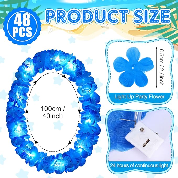 Sherr 48 Pcs LED Hawaiian Leis Light up Flower Leis Necklace with LED Lights Luau Flowers Necklaces for Masquerade Beach Wedding Tropical Themed Party Supplies(Bright Blue)