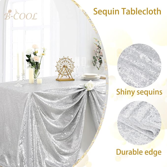 B-COOL 60x102 Inch Silver Tablecloth Christmas Rectangle Silver Sequin Tablecloth Sequin Table Linens Glitter Tablecloth Wedding Sequin Tablecloth for Xmas Halloween