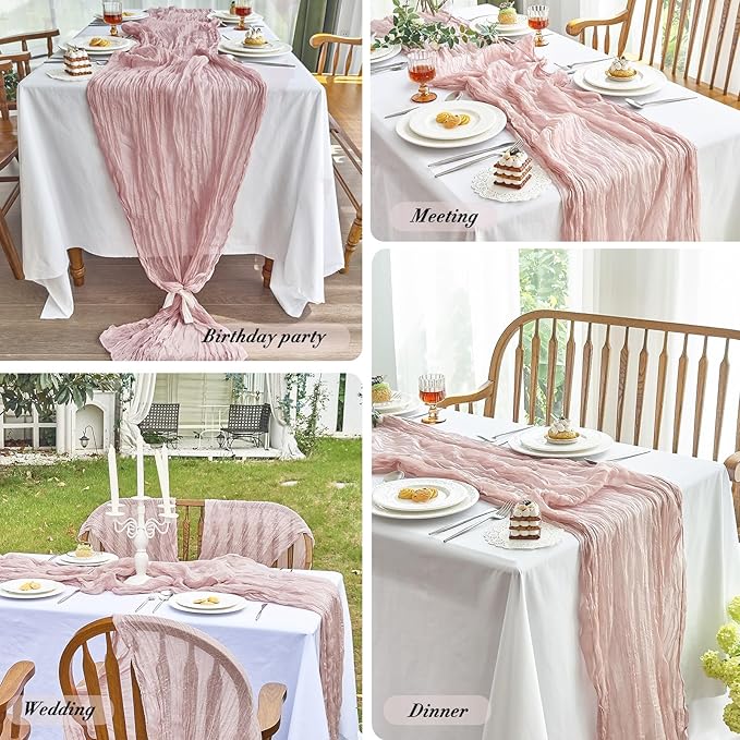 IVAPUPU 8 Pcs Cheesecloth Table Runner - 10ft Dusty Pink Spring Boho Gauze Cheese Cloth Table Runners for Baby Shower Decoration Wedding Party Summer Garden Farmhouse Decor