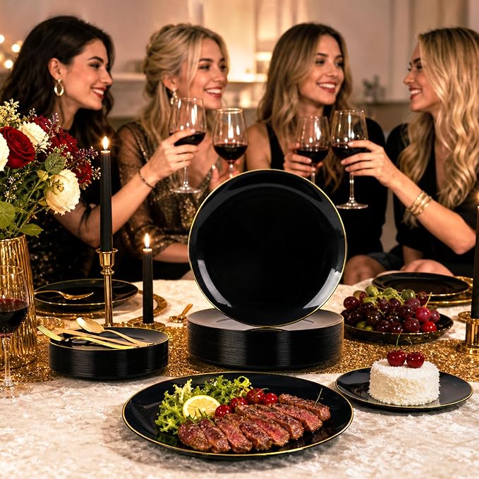 YOUBET 125PCS Black and Gold Plastic Plates - Black Disposable Plates With Gold Rim - Includes 25 Dinner Plates, 25 Dessert Plates, 75 Gold Silverware for Wedding Birthday Party