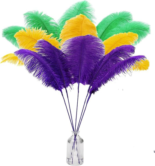 Holmgren 60pcs Gold Green Purple Ostrich Feathers 22 inch Mardi Gras Feathers Making Kit for Mardi Gras Masquerade Party Table Centerpiece Decorations