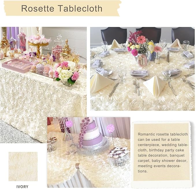 Fanqisi Rosette Tablecloth 50x102 Inches Satin Raised Rosettes Ivory Rectangle 3D Floral Tablecloth for Baby Shower Wedding Party Event Decoration