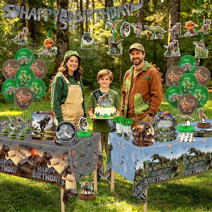Dinosaur Birthday Party Decorations Dino World Birthday Decorations Tableware Set Include Plates,Napkins,Tablecloths,Balloon, Banner,Hanging Swirl,Honeycomb Centerpieces for Party Decor Serve 26