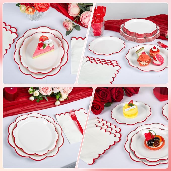 96 Pcs Red and White Paper Plates and Napkins Set, Tableware set for 24 Guest include White Dessert Plates with Red Scalloped Edge, Napkins and Forks for 4th of July, Baby Shower, Wedding, Birthday