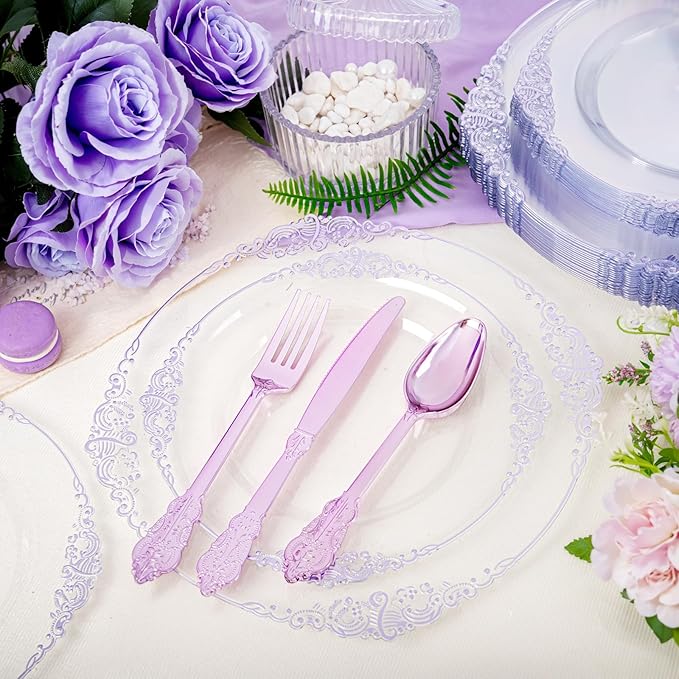 Hioasis 175pcs Clear and Purple Plates - Purple Party Plates for 25 Guest, Include 50 Heavy-duty Plates(20% Thicker Than Standard), 25 Pre Rolled Gold Plastic Silverware Set, 25 Cups
