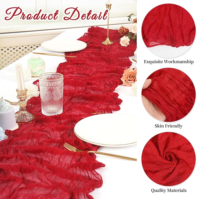 10 Pack Cheesecloth Table Runner 17 x 108 inch Long Boho Gauze Table Runners Semi Sheer Table Runner for Wedding Decor, Baby Shower, Birthday Party, Banquet (Red)