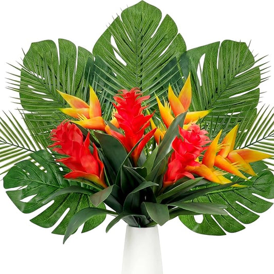 Hotop 12 Pcs Artificial Tropical Bouquet Artificial Tropical Flowers Centerpieces for Tables Bromeliad Monstera Palm Leaves and Heliconia for Hawaiian Party Birthday Wedding Table Decor