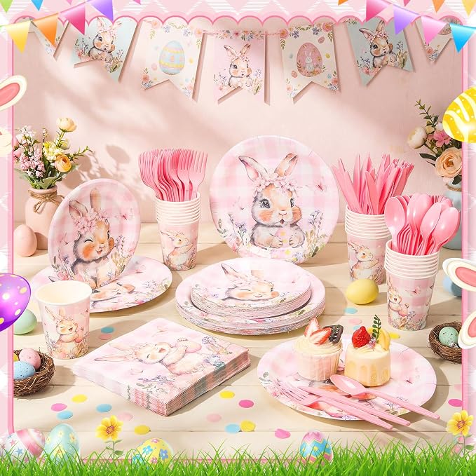 Honeydak 210 Pcs Pink Bunny Party Supplies for 30 Guests, Includes Spring Rabbit Plates, Cups, Napkins, Cutlery - Cute Pink Bunny Tableware Decoration for Baby Shower Easter Party