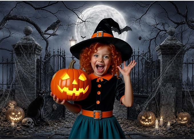 12x10ft Halloween Backdrop Spooky Graveyard Cemetery Full Moon Pumpkin Black Cat Skull Photography Background, Horror Fall Party Decor Photo Booth Props, Kids Birthday Studio Wall Decor Banner