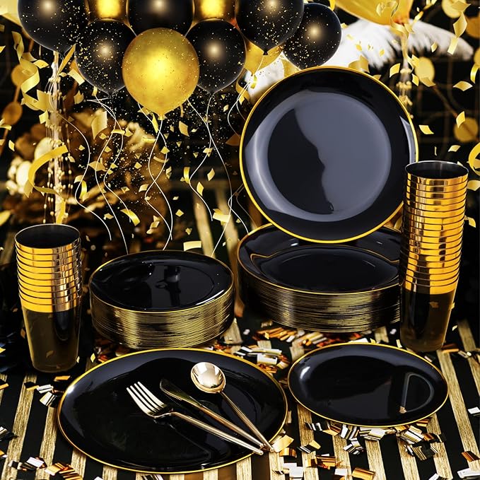 ejonirinjonir EI 180pcs Black Plastic Plates Black and Gold Disposable Plates Gold Plastic Dinnerware Set Silverware and Cups for Birthday,Wedding,Festival,Party,Graduation Decorations,Business Event