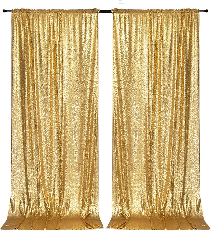 PartyDelight Gold Sequin Backdrop 5x10ft 2 Panels 4 Inch Rod Pocket | Dense 3mm gold sequins on mesh backing with 4 inch rod pocket for wide reception walls head tables stages and layered event